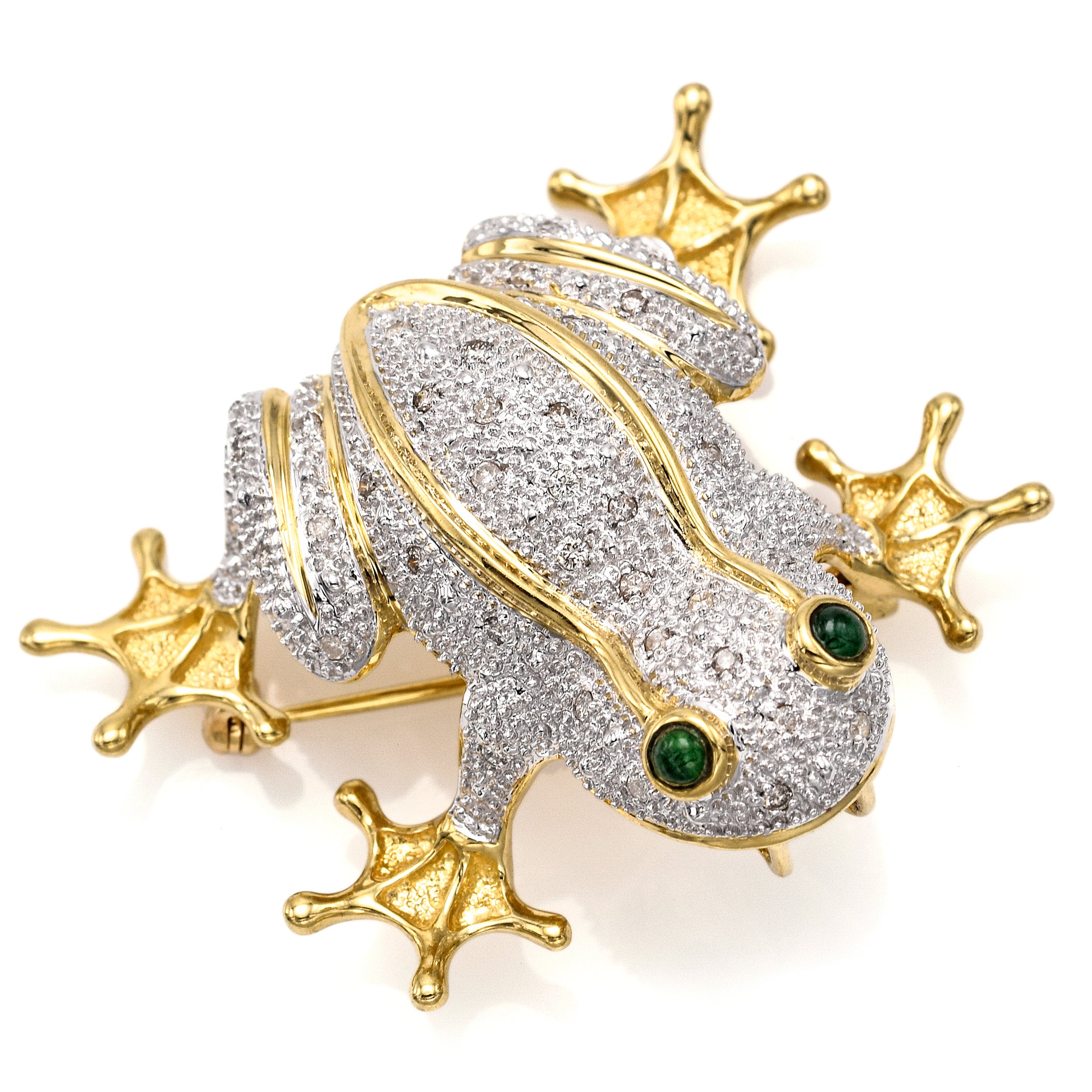 Vintage 14K Yellow Gold Emerald & 0.40 TCW Diamond Frog Brooch Pin