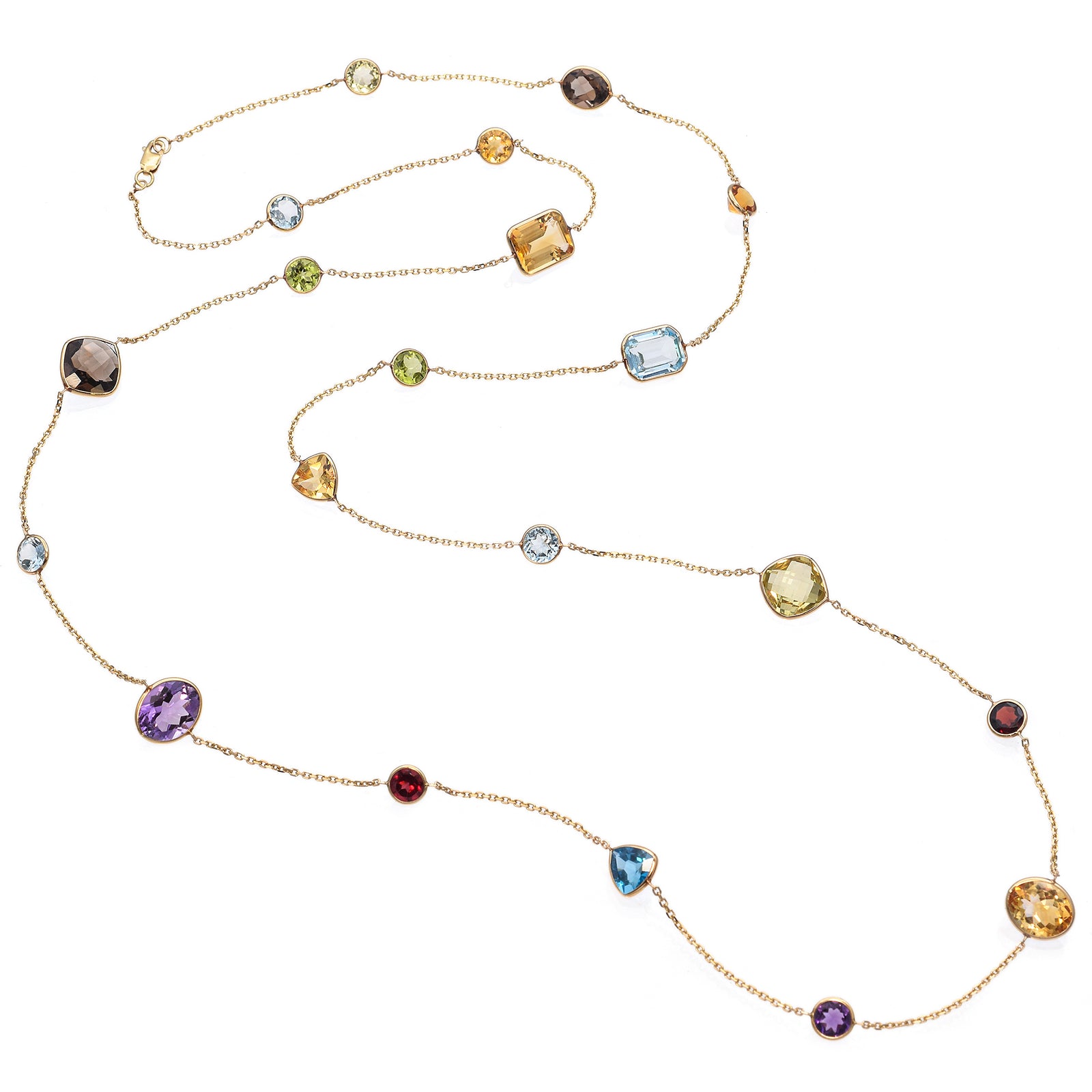 14K Yellow Gold Multi Gemstone Station Necklace 36 Inch Blue Ribbon Rarities