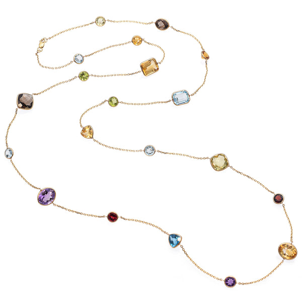 14K Yellow Gold Multi Gemstone Station Necklace 36 Inch