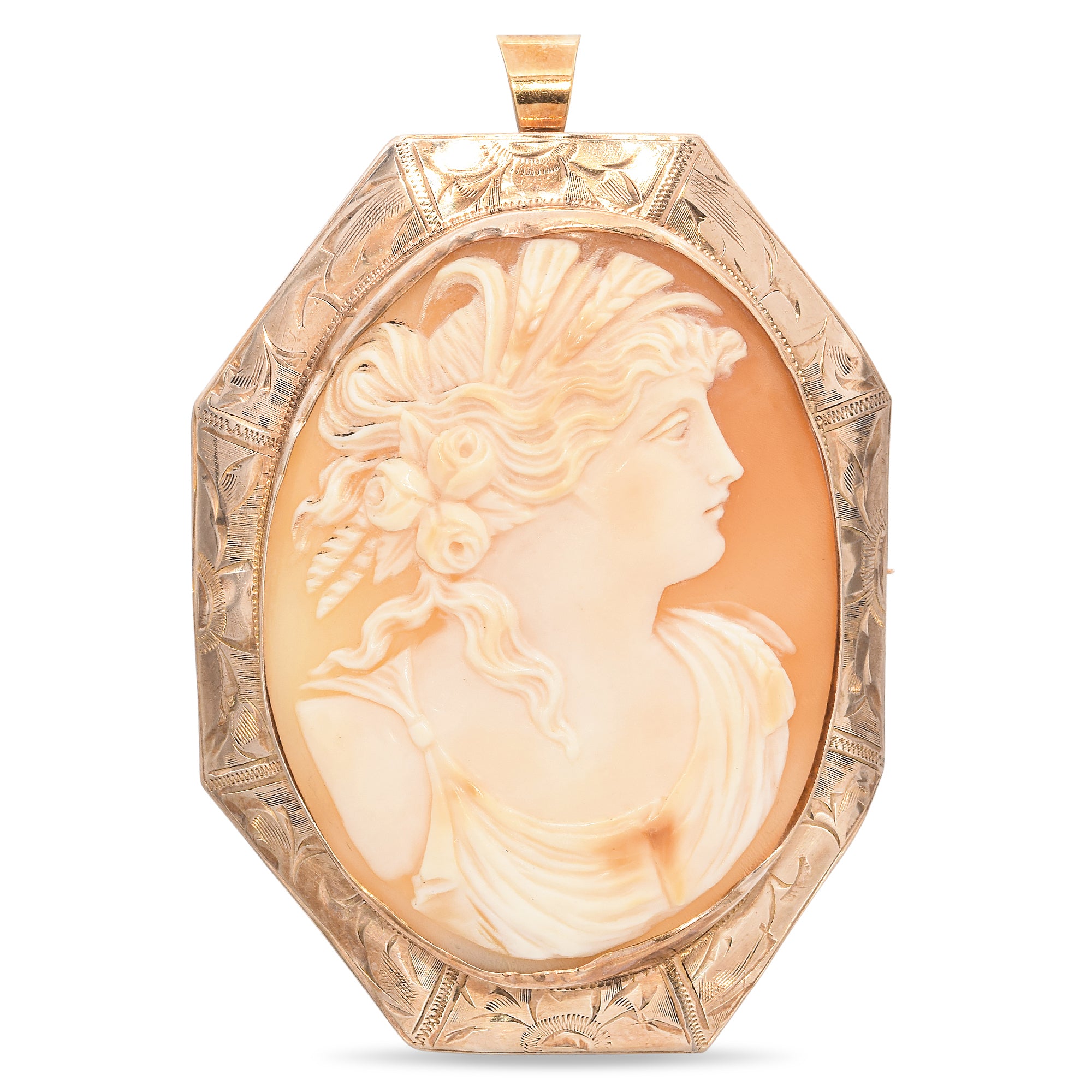 Antique 10K Rose Gold Lady Carved Shell Cameo Brooch Pendant