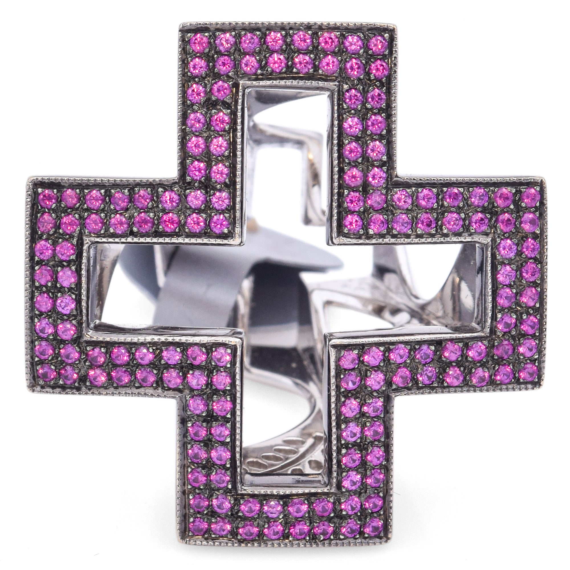 Acacia 18K White Gold 5.00 TCW Pink Sapphire Cross Ring Size 6 with Box, Pouch