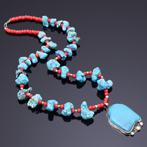 Vintage Tom Ronal Sterling Silver Turquoise & Red Coral Beaded Strand Necklace