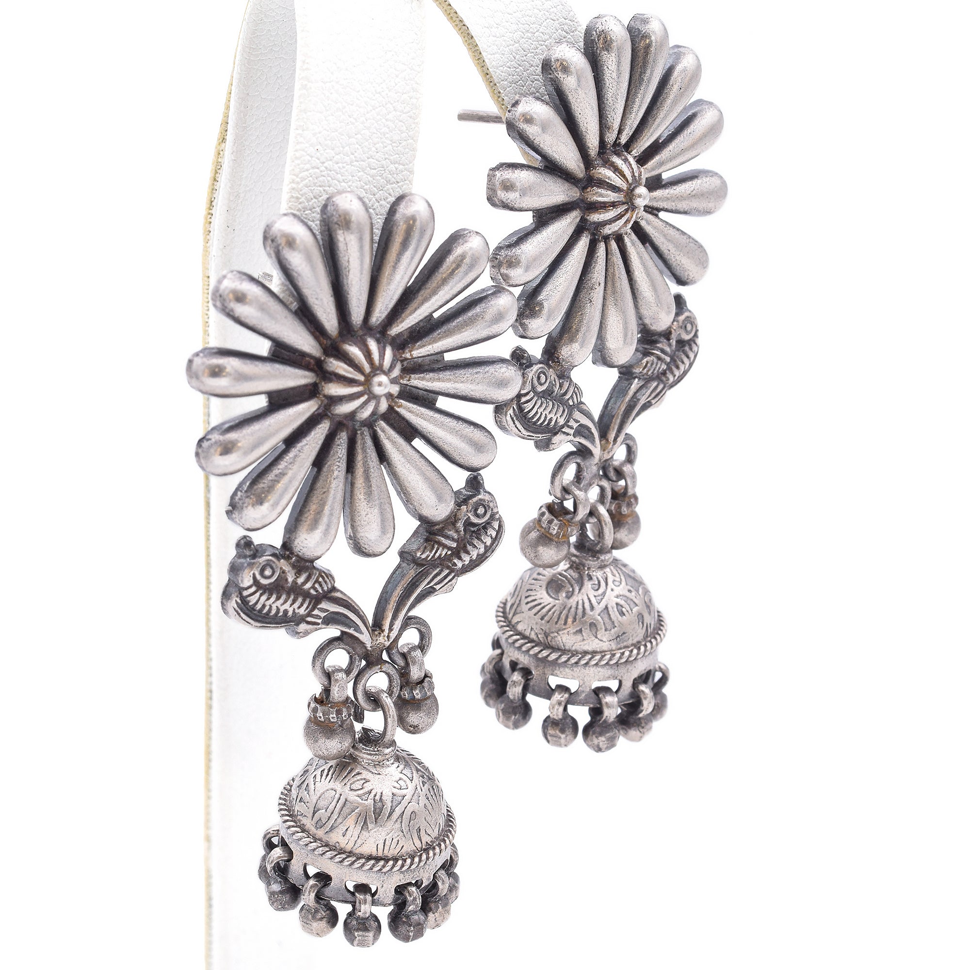 Estate Sterling Silver Floral Drop Traditional Jhumka Earrings