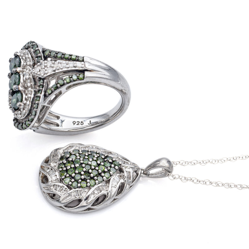 Estate 2.39TCW Green & White Diamond Sterling Silver Pendant Necklace & Ring Set