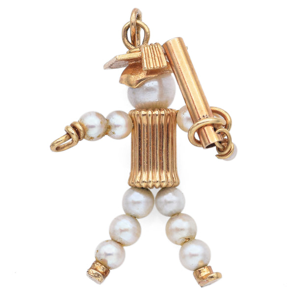 Vintage 14K Yellow Gold Pearl Baseball Player Charm Pendant