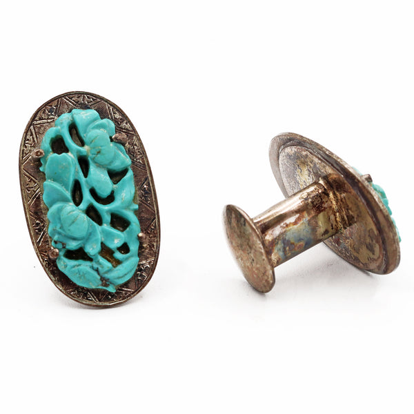 Antique Sterling Silver Carved Turquoise Cuff Links