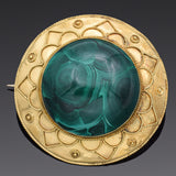 Antique 14K Yellow Gold Malachite Round Brooch Pin 45.5 mm