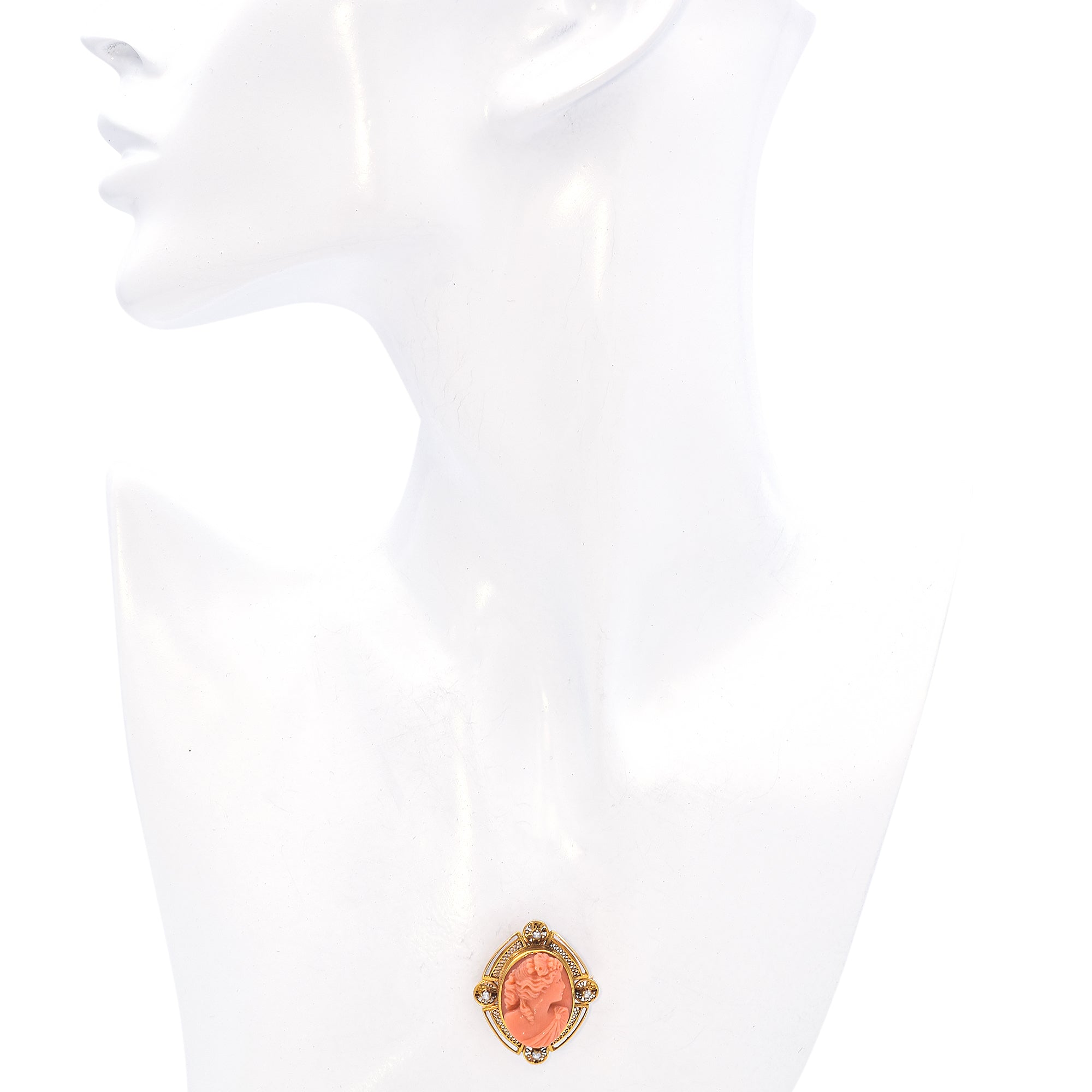 Antique 10K Yellow Gold Red Coral & Pearl Cameo Brooch Pin Pendant