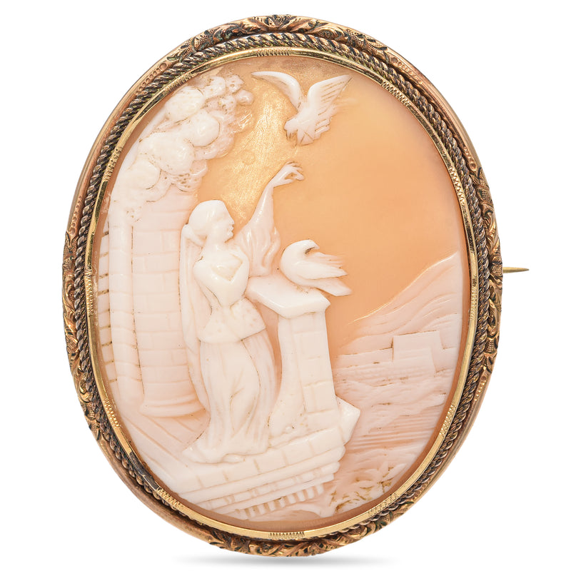 Antique Yellow Gold Cameo Lady on Balcony with Birds Brooch