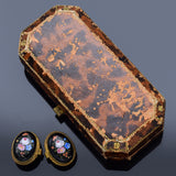 Antique Victorian English GF Jet Hand Painted Enamel Floral Cufflinks +Box