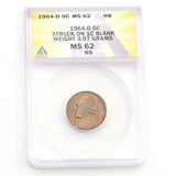 1964-D Jefferson 5C Struck On 1C Blank ANACS MS 62 RB