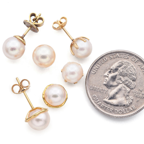 3 Pairs Vintage 14K Yellow Gold Round Pearl Stud Earrings