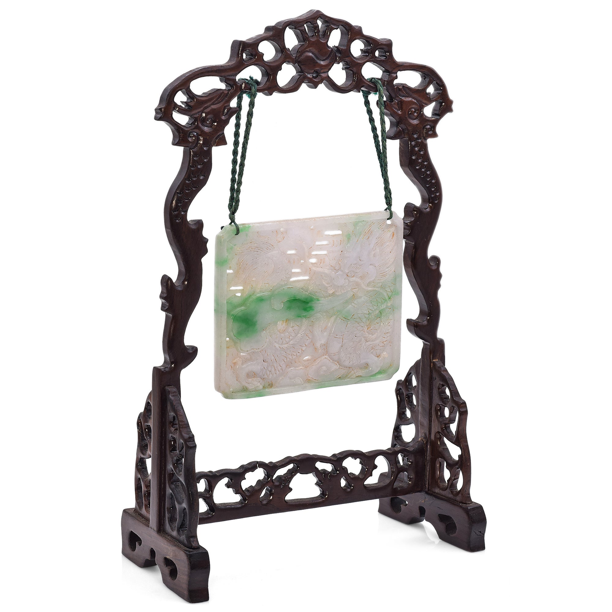 Antique Carved Green and White Jade Plaque Figurine Hanging on Wood Stand