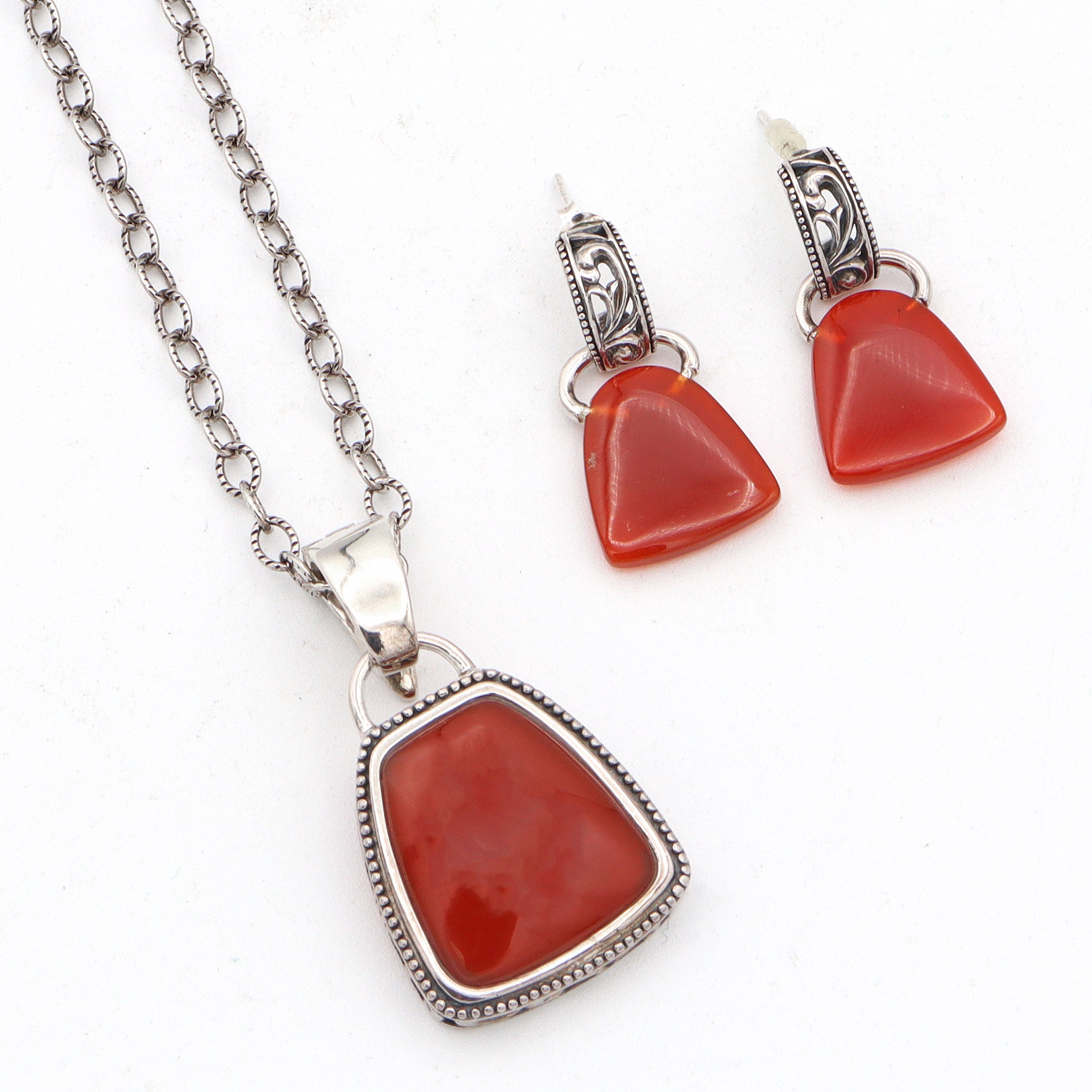 Vintage Barse Carnelian Sterling Silver Magnetic Bail Pendant Earrings Set