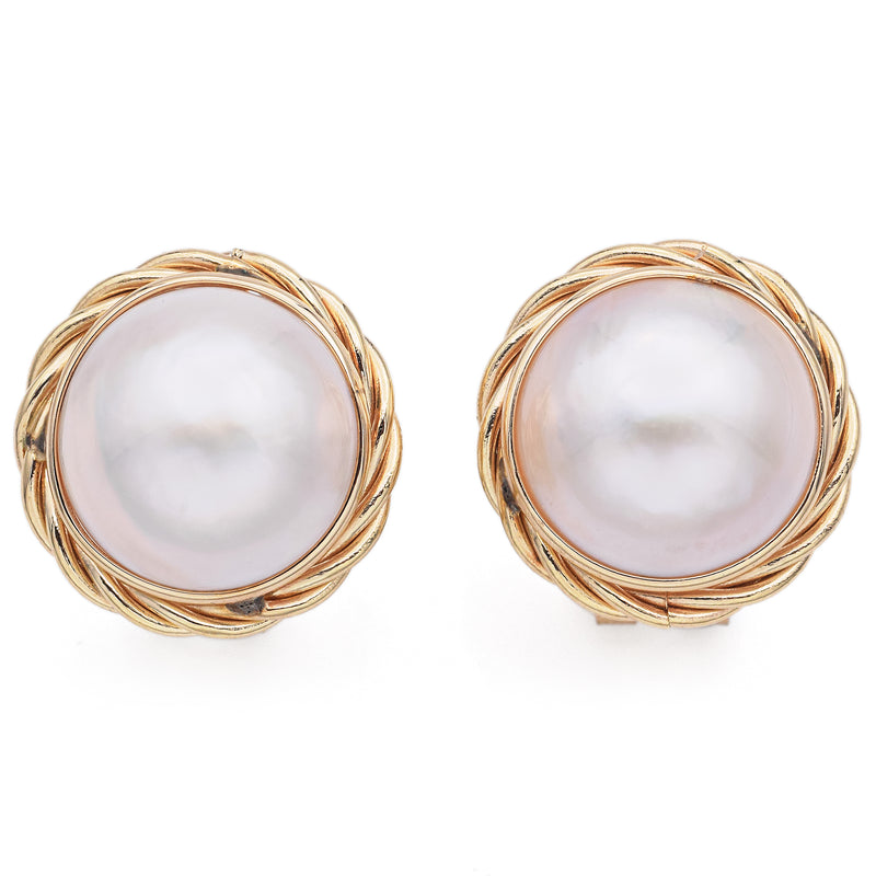 Vintage 14K Yellow Gold Mabe Pearl Omega-Back Earrings