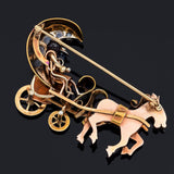 Vintage 1940s 14K Yellow Gold Multi-Stone Heart Moon Horse Carriage Brooch Pin