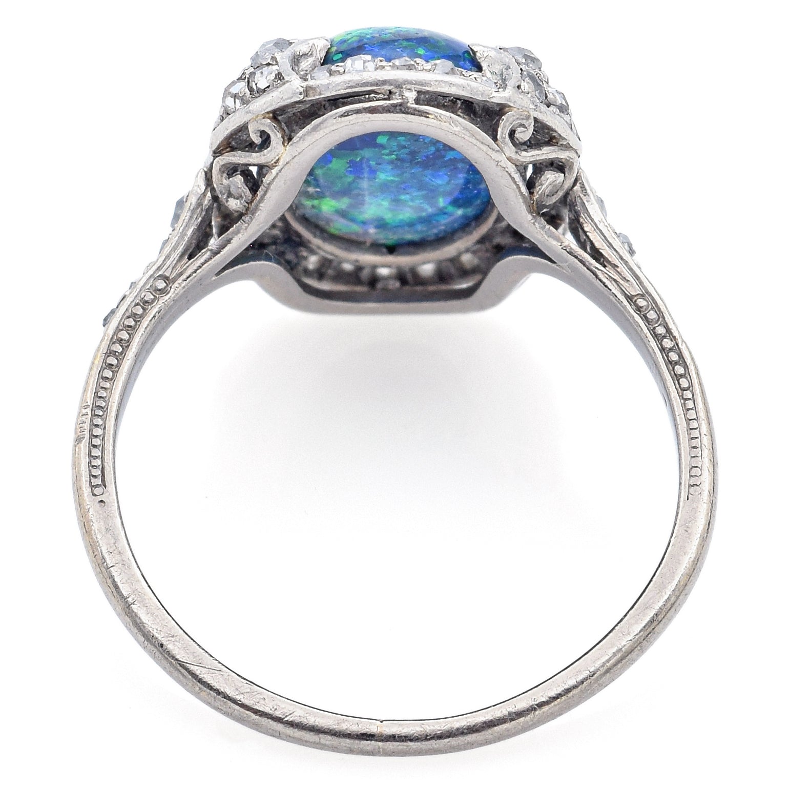 Antique Platinum 2.19 Ct Black Opal & Rose Cut Diamond Ring Size 5.5