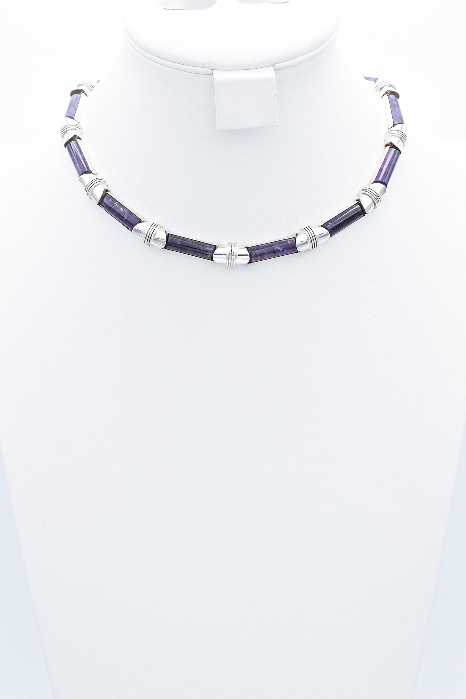 Antonio Pineda Mexico 970 Sterling Silver Amethyst Bar Link Collar Necklace