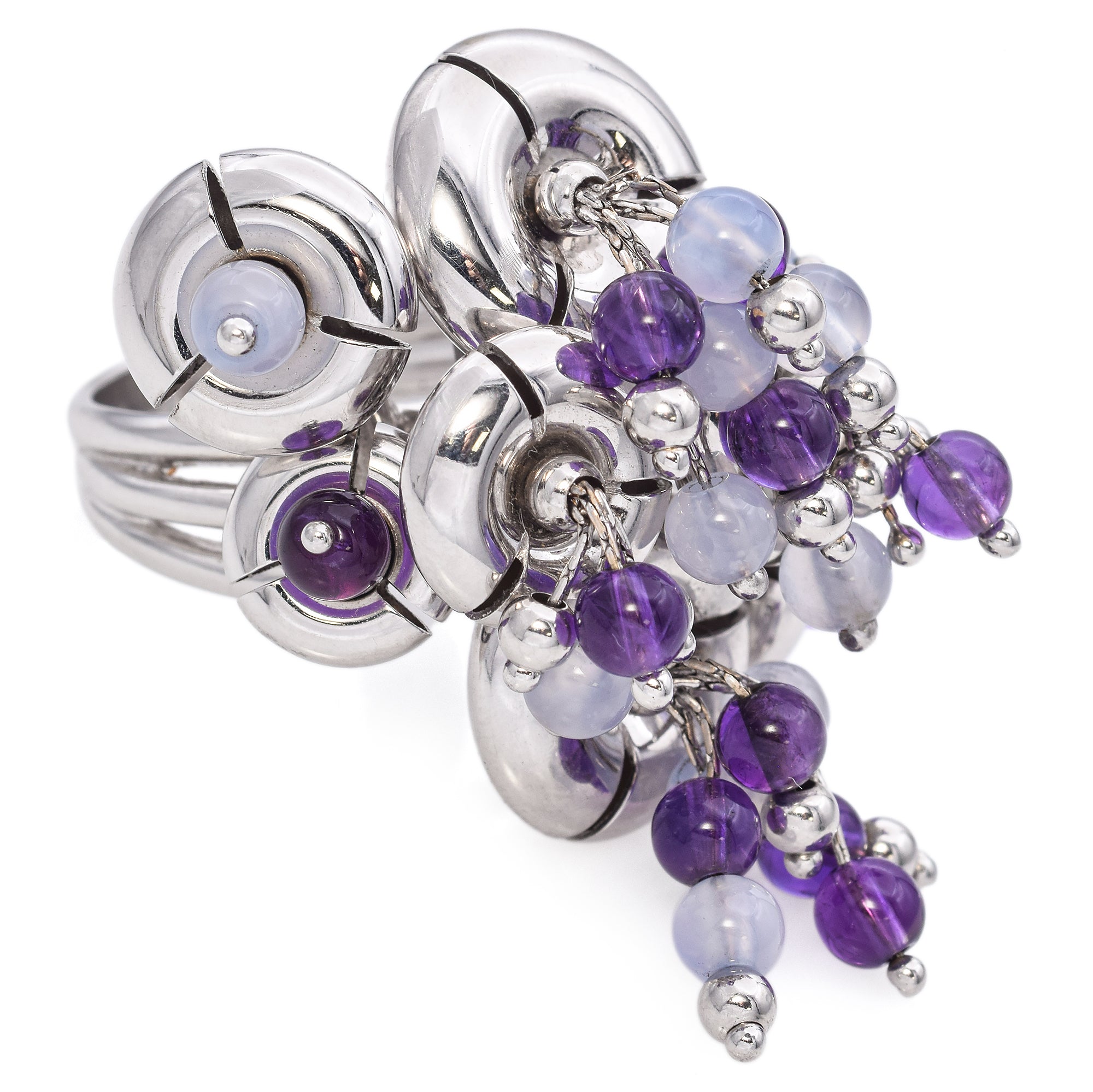 Estate Italy 14K White Gold Amethyst Beaded Spinning Cocktail Ring