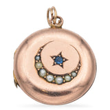 Antique 7K Rose Gold Pearl Moon and Sapphire Star Locket Pendant