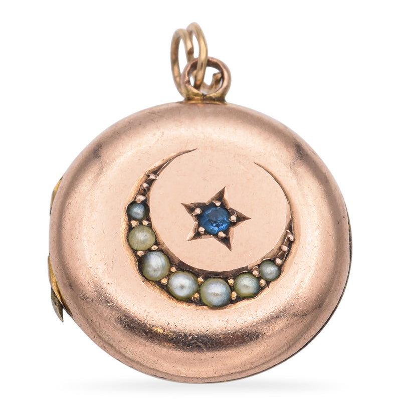 Antique 7K Rose Gold Pearl Moon and Sapphire Star Locket Pendant