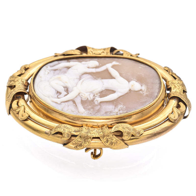 Antique 6K Yellow Gold Cameo Woman Being Abducted Brooch