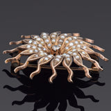 Antique 10K Yellow Gold Diamond & Seed Pearl Sunburst Brooch Pin