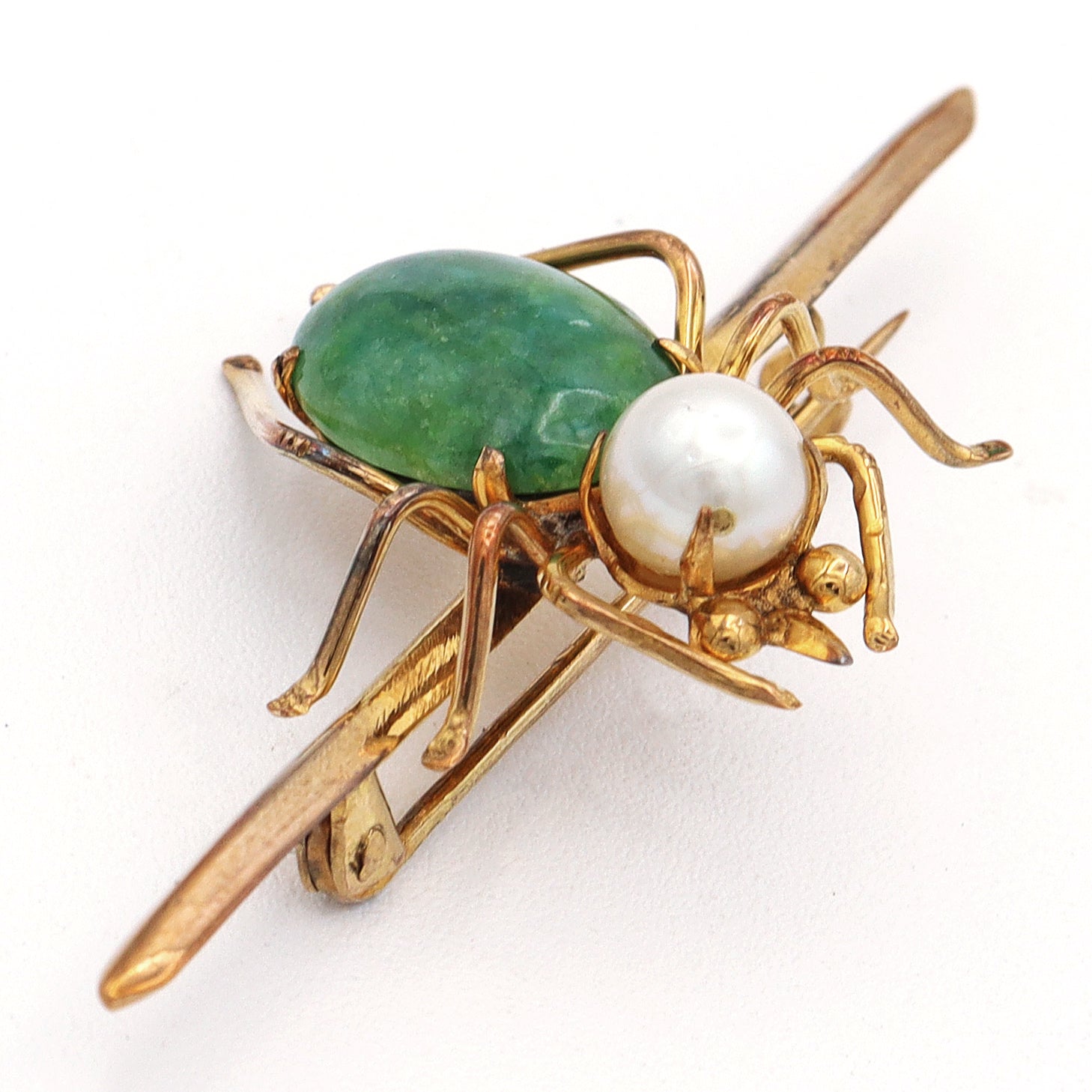 Vintage 8K Yellow Gold Jade Pearl Spider Bug Brooch Pin 5 Grams