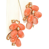 Vintage 14K Yellow Gold Salmon Coral and Diamond Earrings