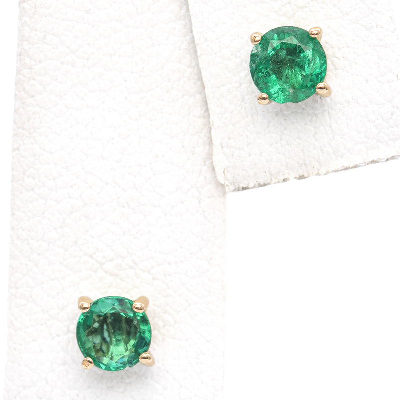 14K Yellow Gold Round Cut 0.56 TCW Emerald Stud Earrings