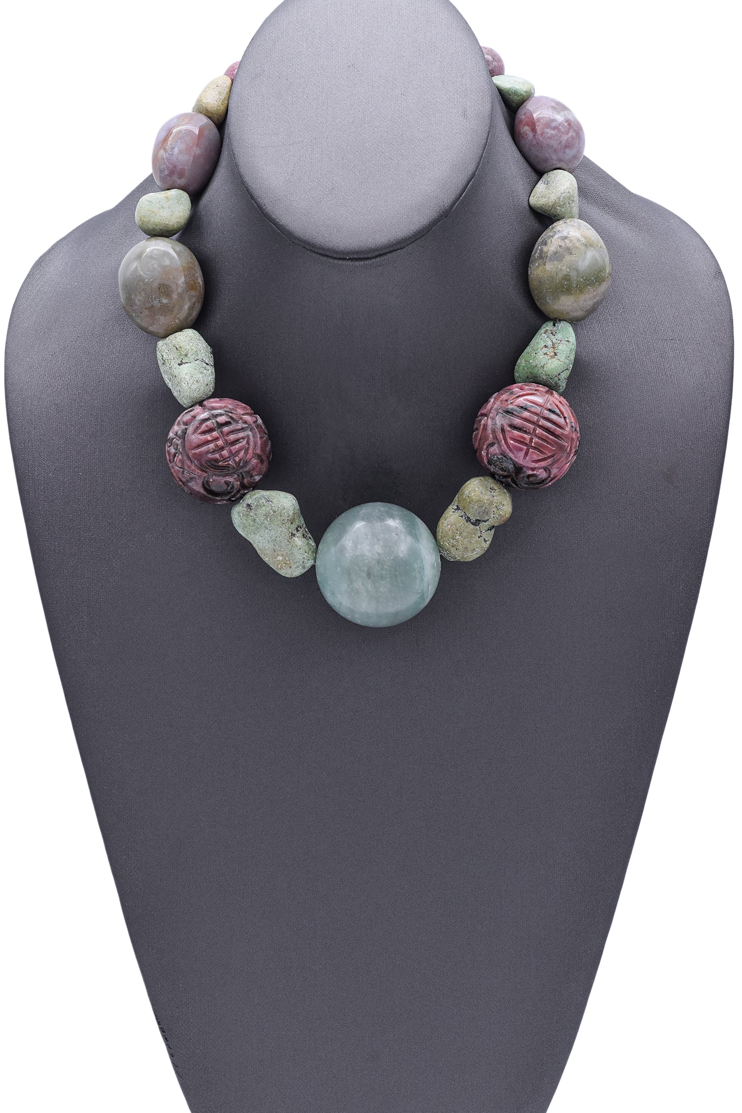 Stephen Dweck Sterling Silver Turquoise Lepidolite Rhodonite Beaded Necklace