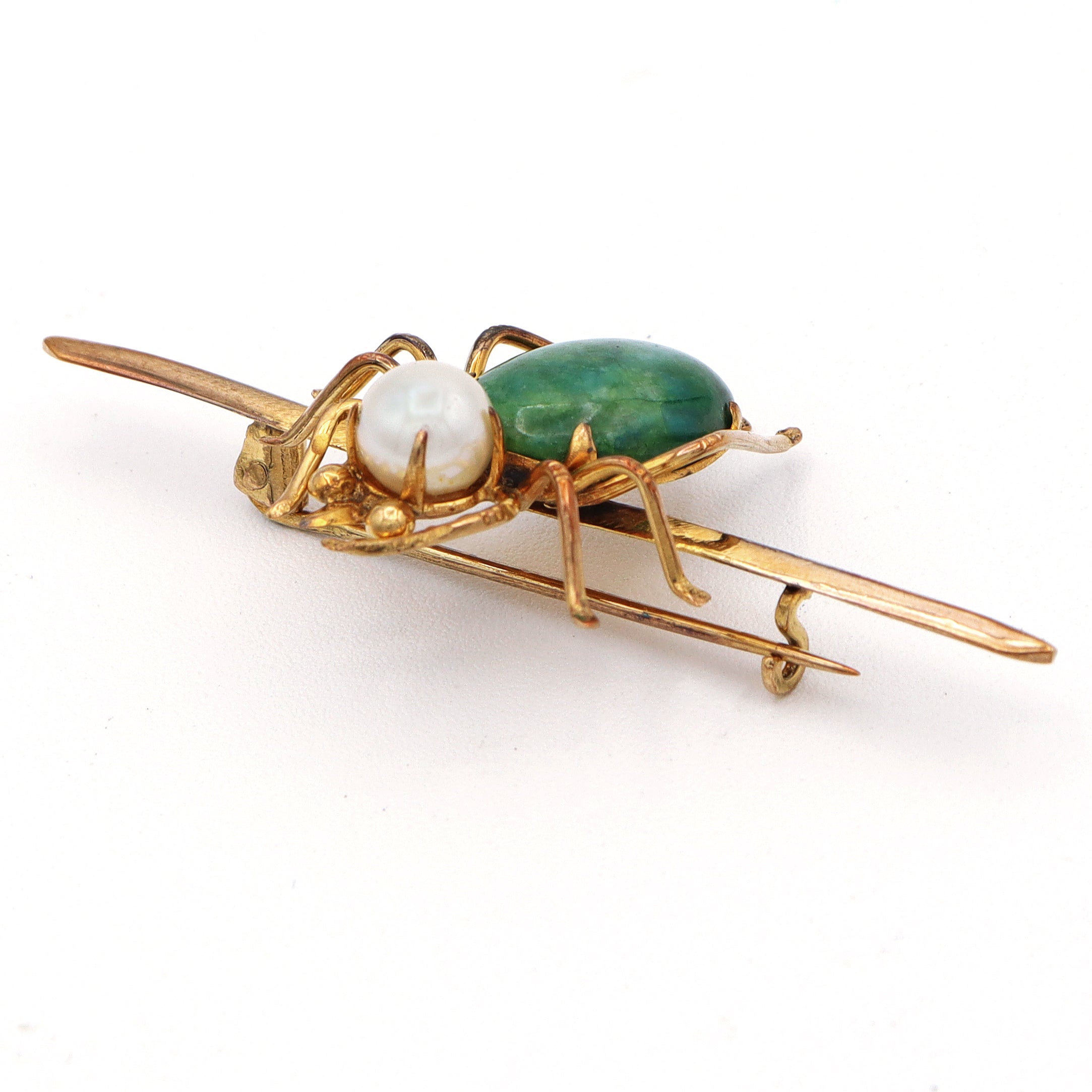 Vintage 8K Yellow Gold Jade Pearl Spider Bug Brooch Pin 5 Grams