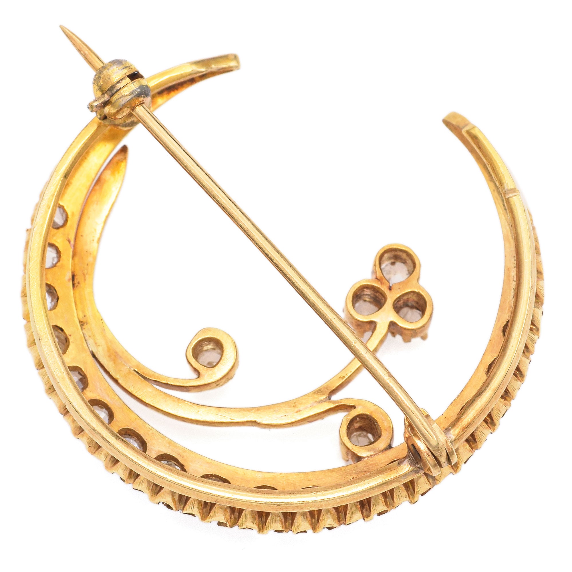 Antique 16K Yellow Gold Rose Cut Diamond Floral Crescent Moon Brooch Pin