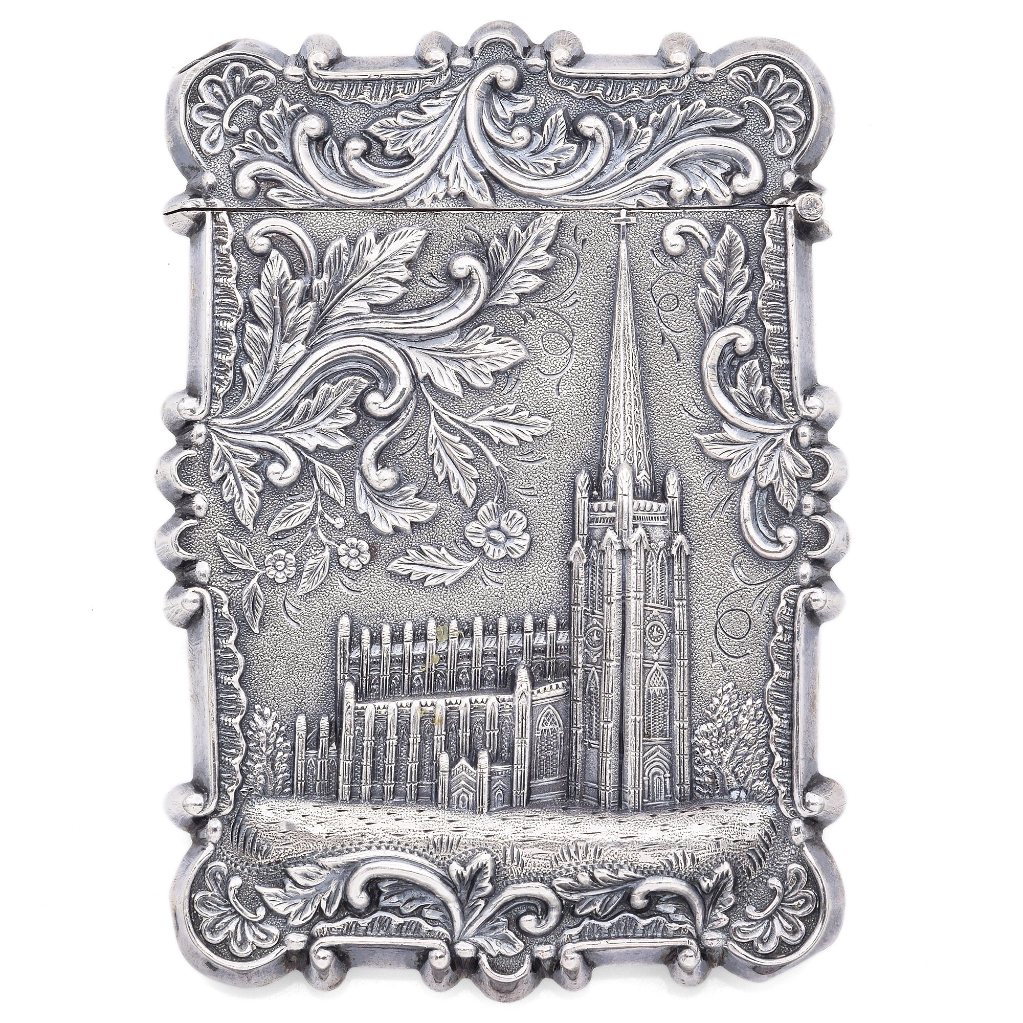 Antique 982 Sterling Silver Trinity Church, Lady & Bird Card Case