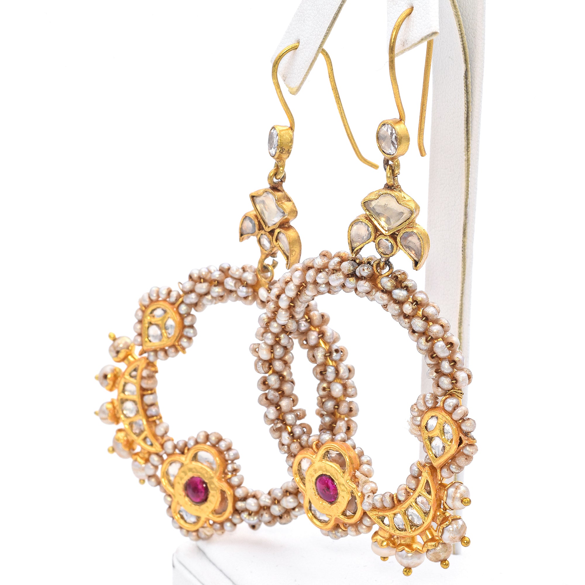 Estate Gold Vermeil Ruby Pearl Sapphire Traditional Kundan Chandbali Earrings