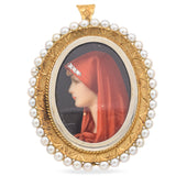 Antique Italy 18K Yellow Gold Pearl Diamond Hand Painted Portrait Brooch Pendant