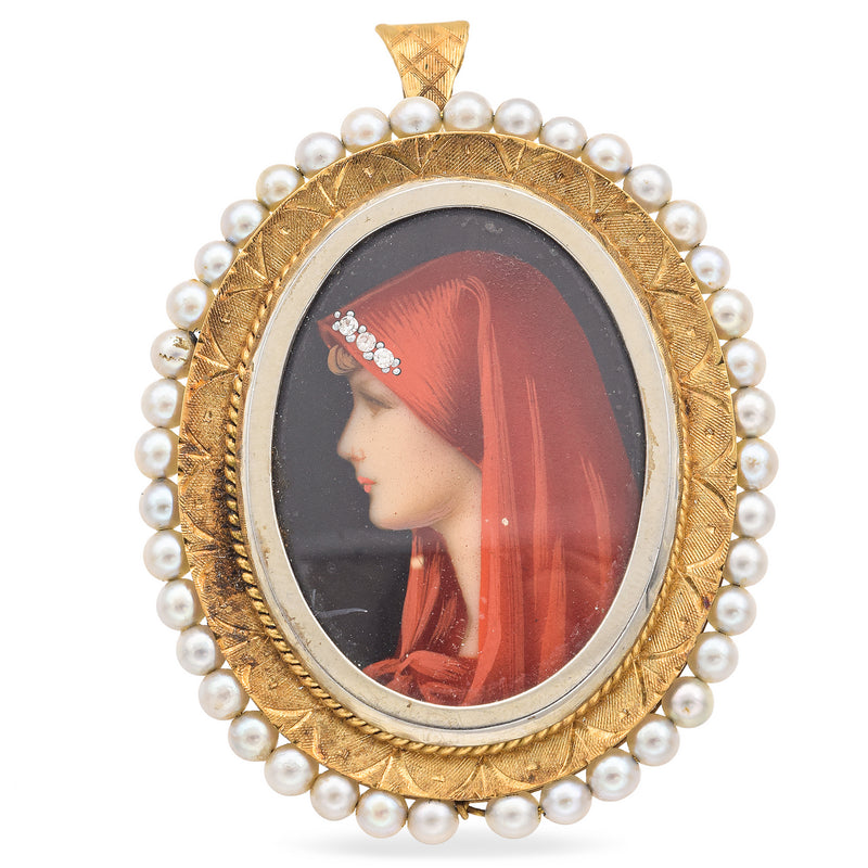 Antique Italy 18K Yellow Gold Pearl Diamond Hand Painted Portrait Brooch Pendant