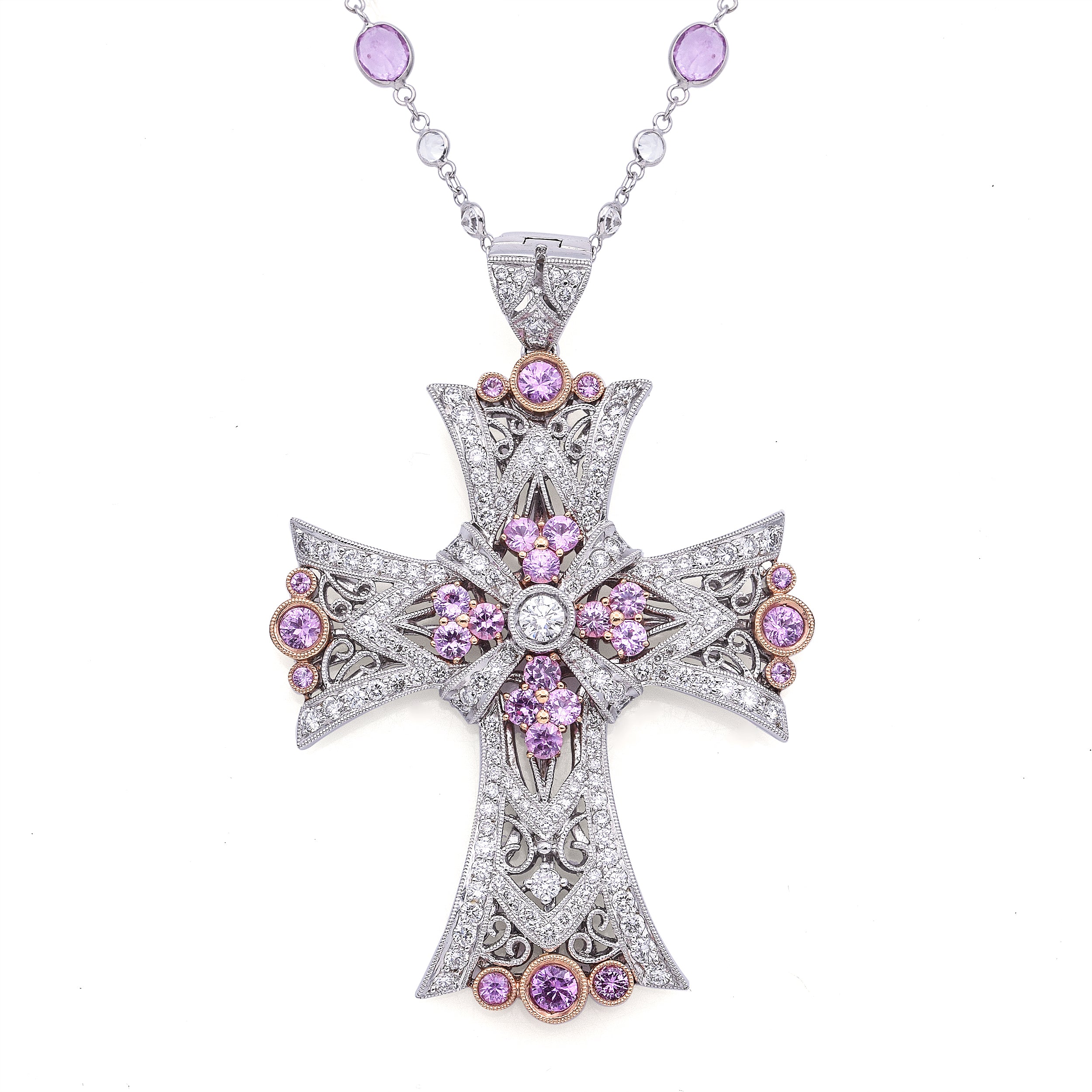 Estate 18K White Gold Pink Sapphire & Diamond Cross Pendant Necklace