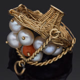 Vintage Pearl & Red Black Coral 14K Yellow Gold Cluster Basket Pendant