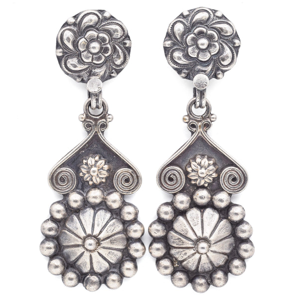 Estate Sterling Silver Floral Round Traditional Jhumka Earrings