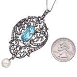 Antique French Sterling Silver Aqua Crystal, Paste & Pearl Pendant Necklace