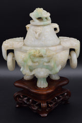 Antique Translucent Green Jade Carved Dragon Incense Burner with Wooden Stand