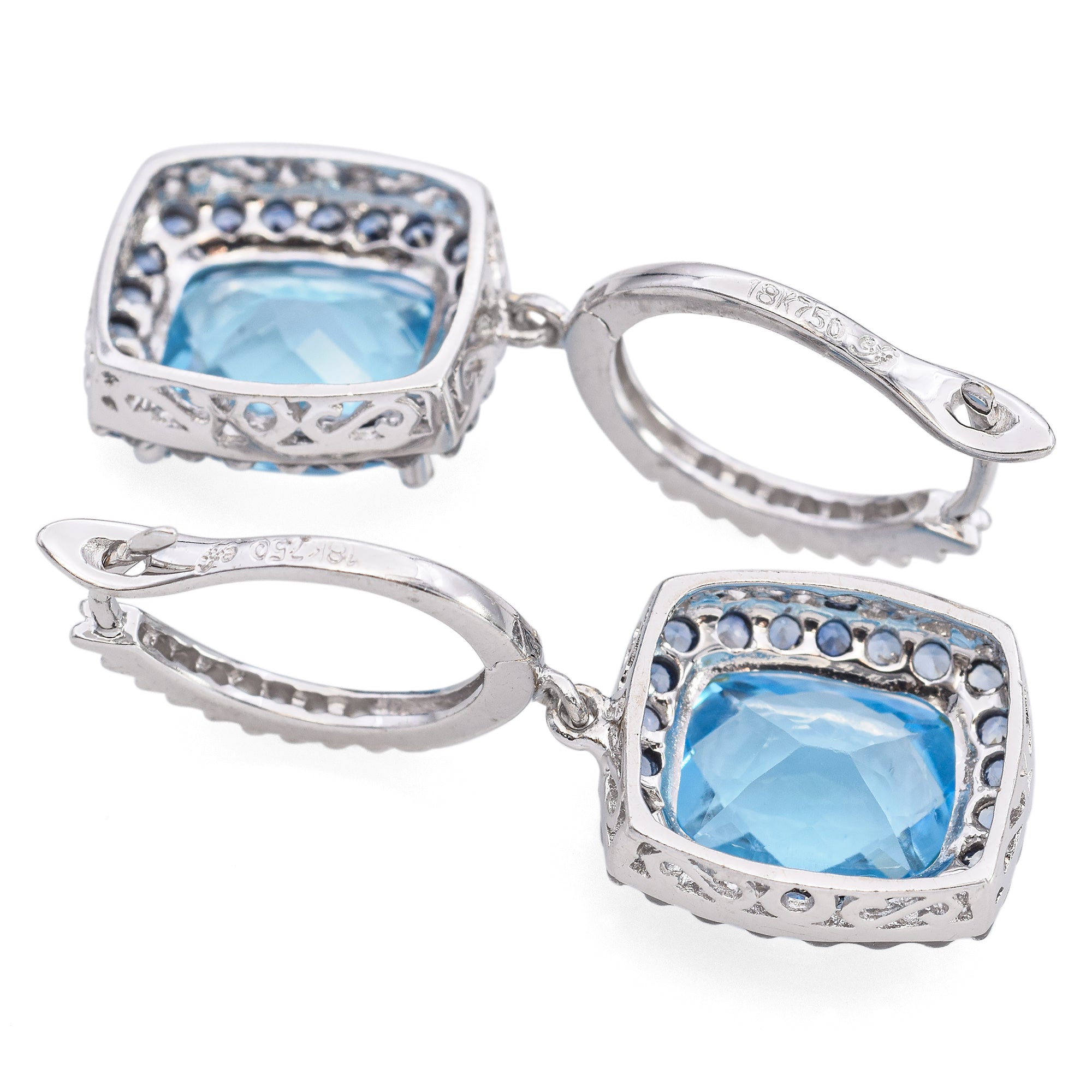 18K White Gold 7.4 Ct. Blue Topaz, Diamond, Sapphire Halo Drop Earrings