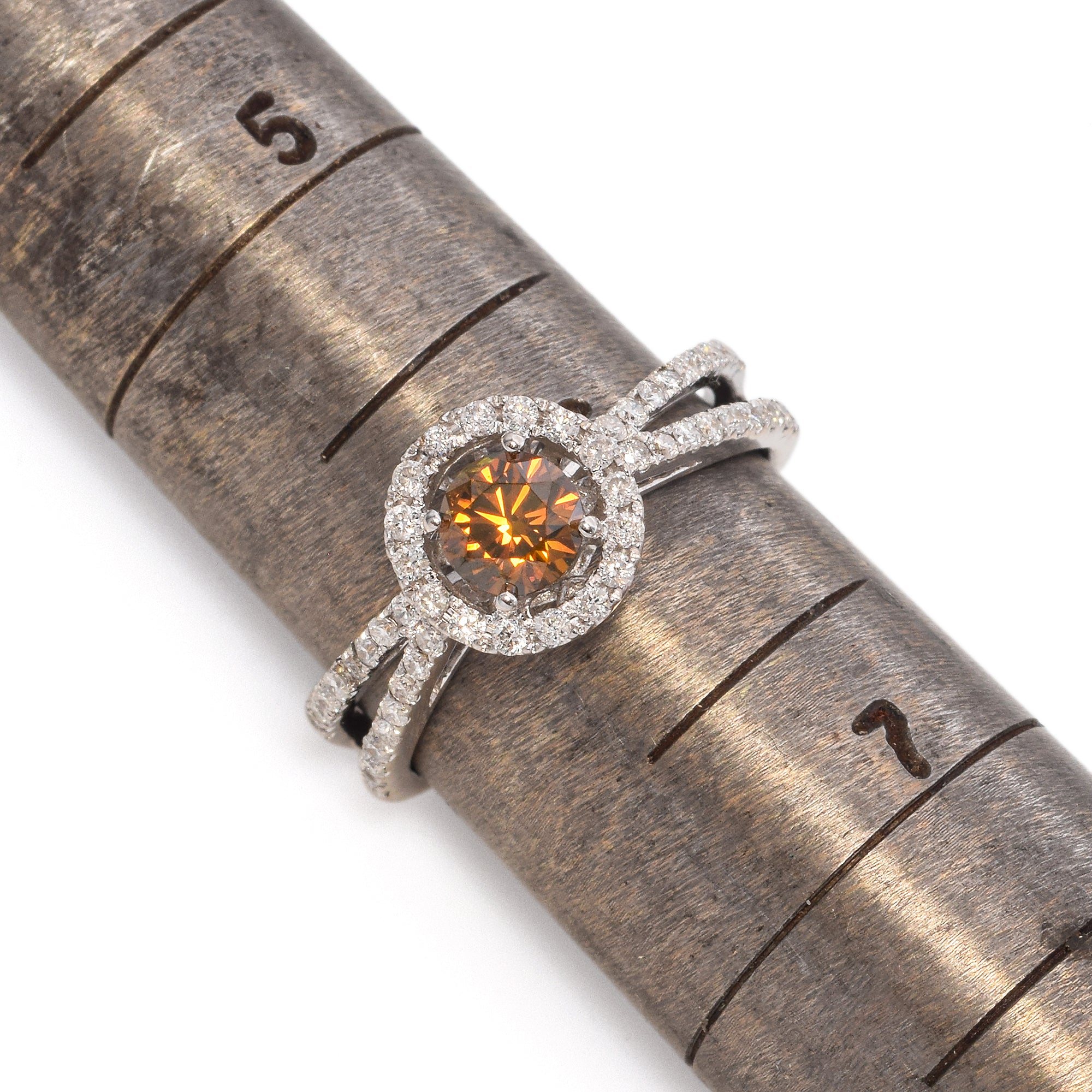 14K White Gold 0.76 TCW Brownish Orange Diamond Halo Split Shank Engagement Ring