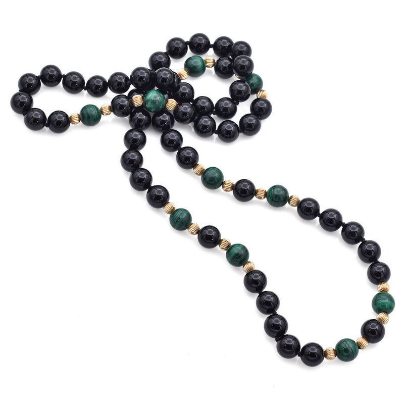 Vintage GF Onyx and Malachite Beaded Strand Necklace