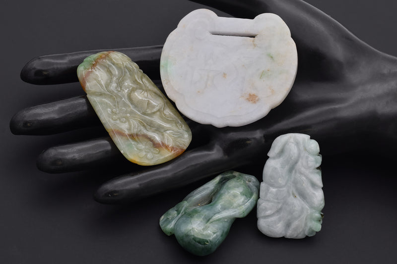 Lot of 4 Vintage Green & White Jade Carved Fruit & Lock Pendants