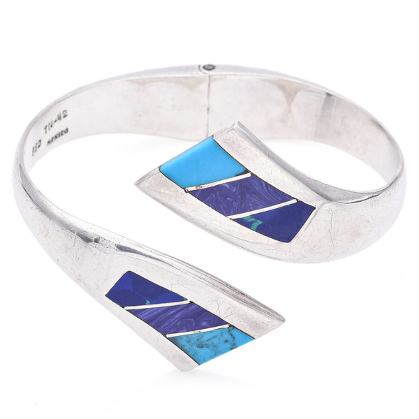 Mexican 950 Sterling Silver Turquoise, Azurite & Spiny Oyster Cuff Bracelet