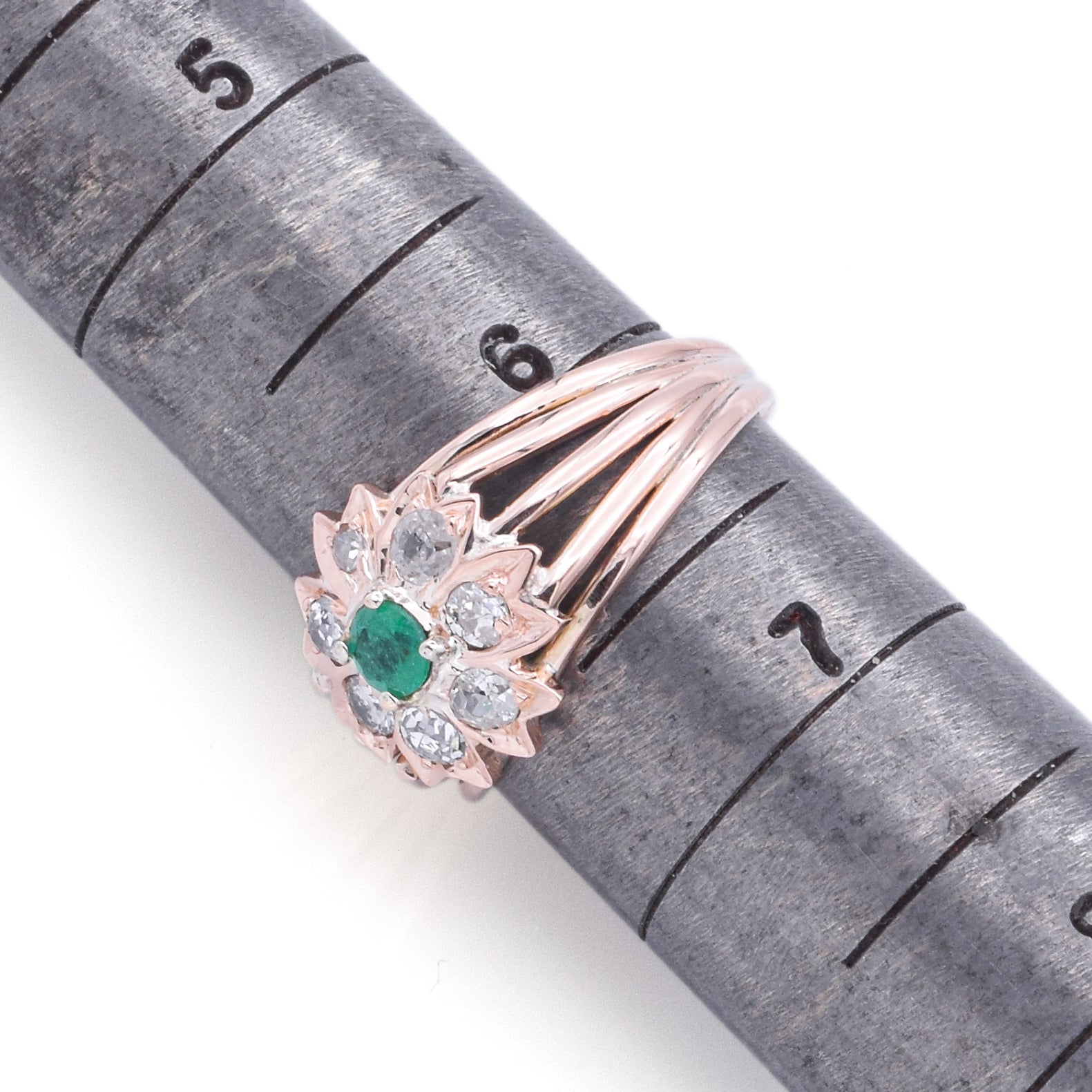 Antique 14K Rose Gold Emerald & 0.42 TCW Old Cut Diamond Band Ring Size 6.25