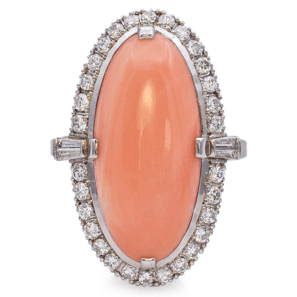 Estate Platinum 15 Ct Salmon Coral & 0.70TCW Diamond Cabochon Cocktail Ring