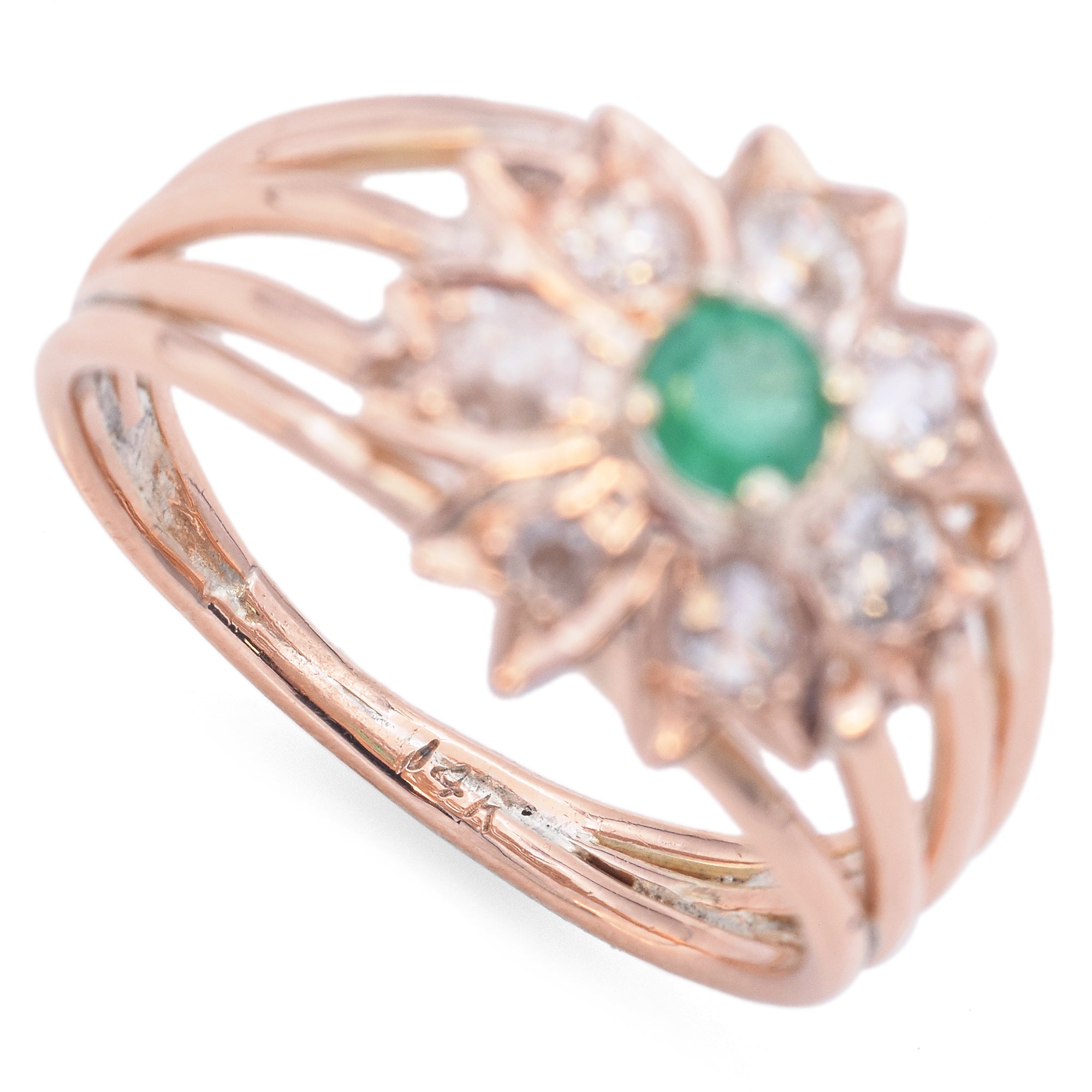 Antique 14K Rose Gold Emerald & 0.42 TCW Old Cut Diamond Band Ring Size 6.25